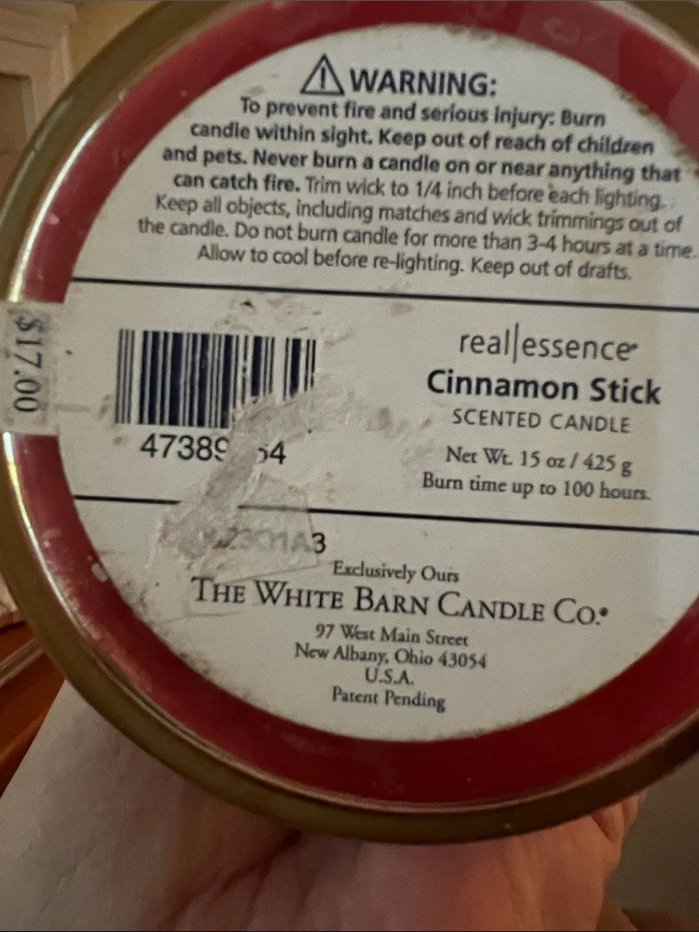 White barn Candle Co.Cinnamon Stick Scented Candle Jar - never burned